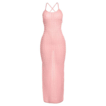 Scoop Neck Cross Back Self Tie Textured Maxi Dress