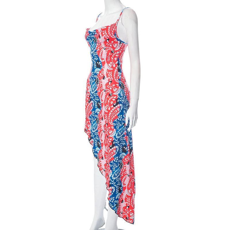 Paisley Print Cowl Neck Spaghetti Strap Thigh Slit Bodycon Midi Dress
