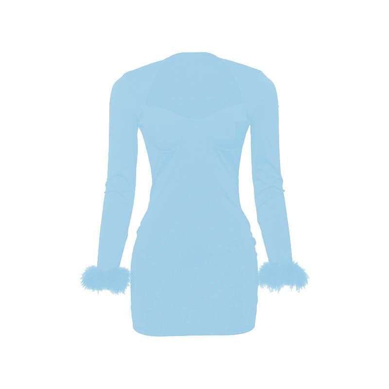 Sweetheart Bustier Feather Cuff Long Sleeve Mini Dress