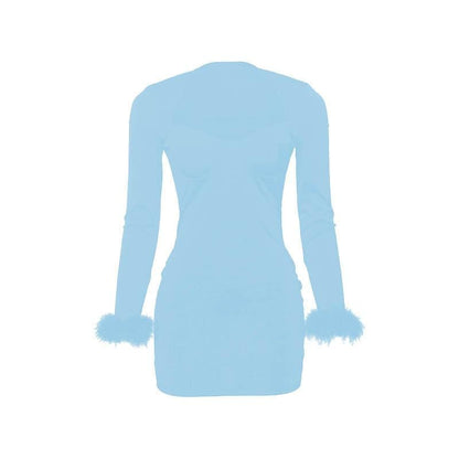 Sweetheart Bustier Feather Cuff Long Sleeve Mini Dress