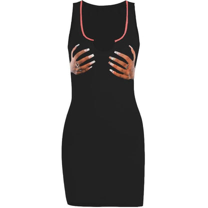 Deep U-Neck Rib Knit Hand Print Graphic Bodycon Mini Dress