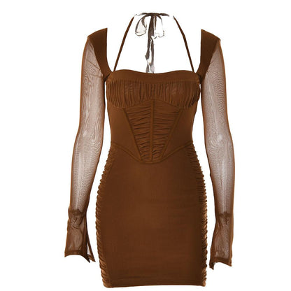 Square Neck Halter Tie Corset Bodice Bell Sleeve Side Ruched Bodycon Mini Dress
