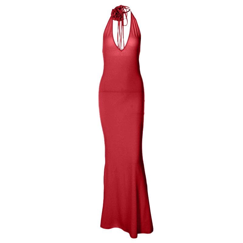 Halter V-Neck Flower Applique Self Tie Maxi Dress