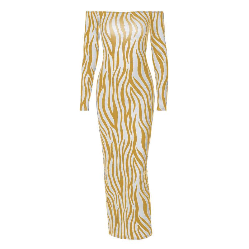 Off Shoulder Long Sleeve Zebra Print Bodycon Maxi Dress