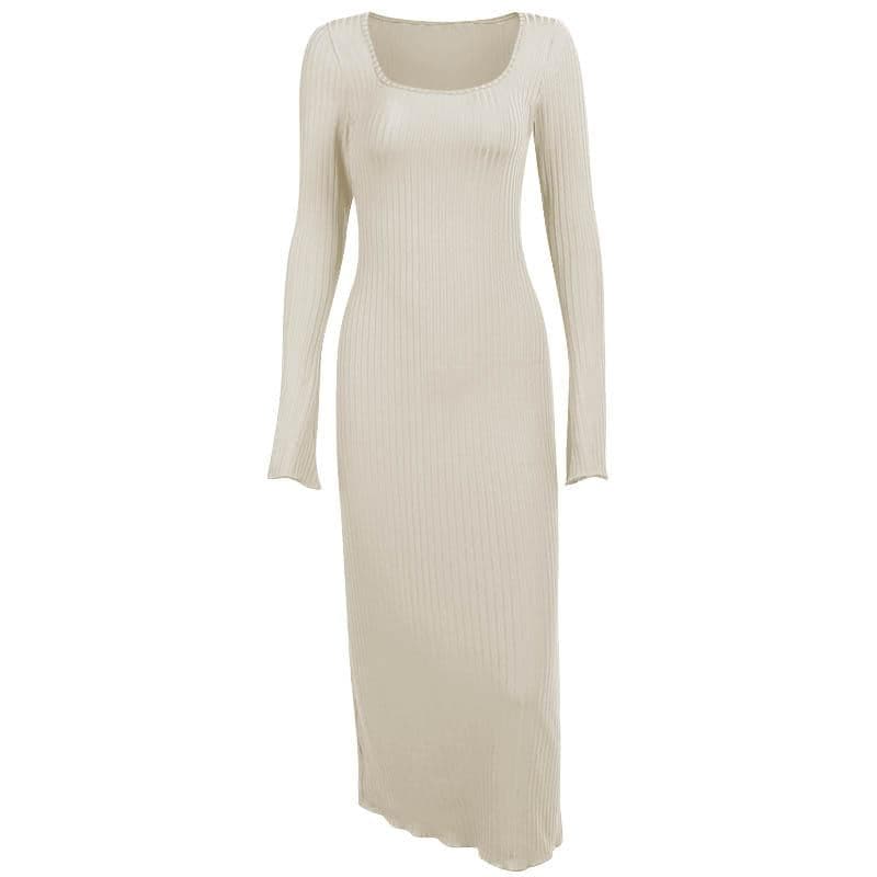 Square Neck Ribbed Knit Flared Sleeve Ruffle Mini Dress
