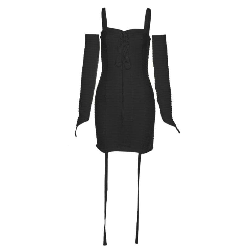 Ribbed Lace Up Detached Sleeve Hollow Out Mini Dress