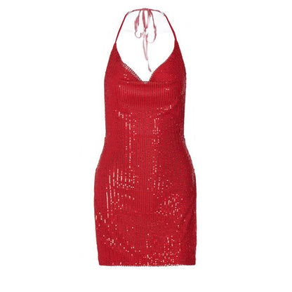 Sequin Cowl Neck Halter Open Side Slit Mini Dress