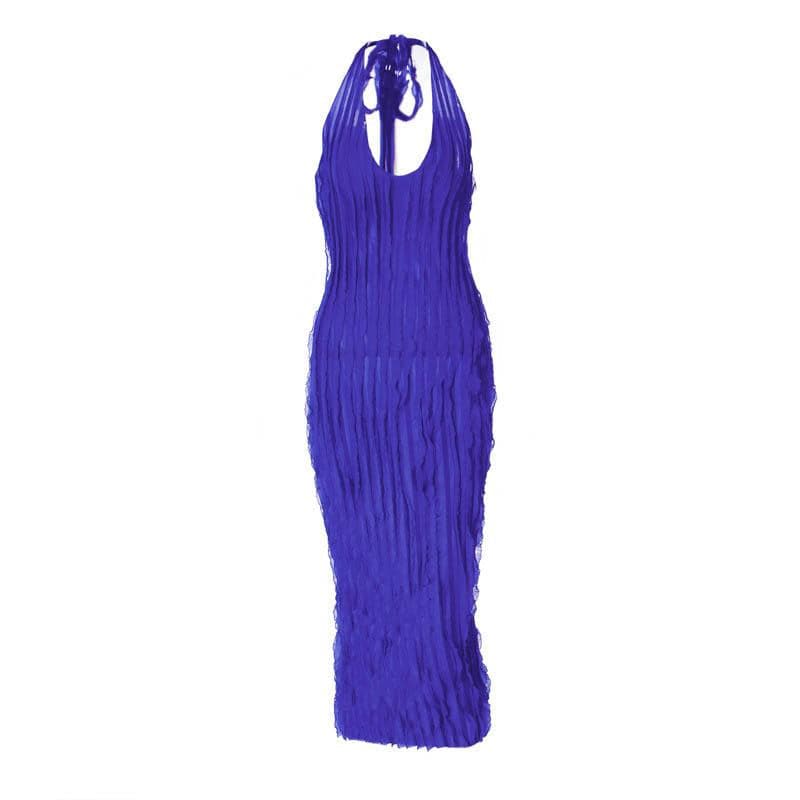 Halter U-Neck Lettuce Edge Ruffle Column Midi Dress