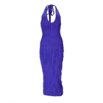Halter U-Neck Lettuce Edge Ruffle Column Midi Dress