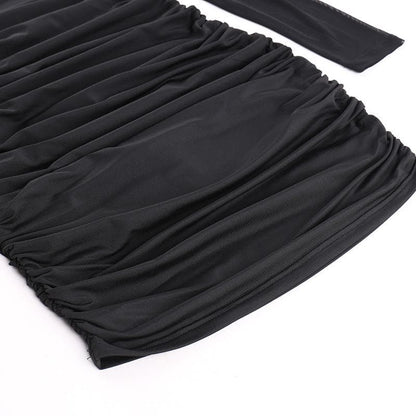 Off-Shoulder Rosette Applique Mesh Sleeve Ruched Mini Dress