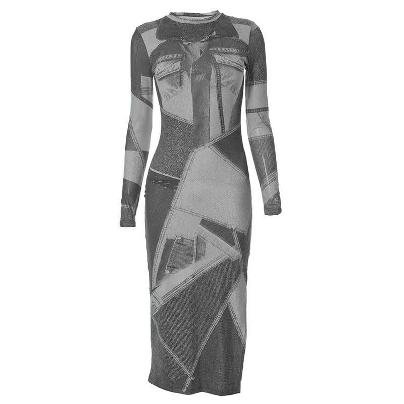 Crew Neck Faux Denim Patchwork Print Long Sleeve Bodycon Midi Dress