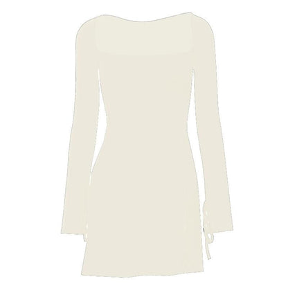 Square Neck Long Sleeve Tie Cuff Front Slit Bodycon Mini Dress