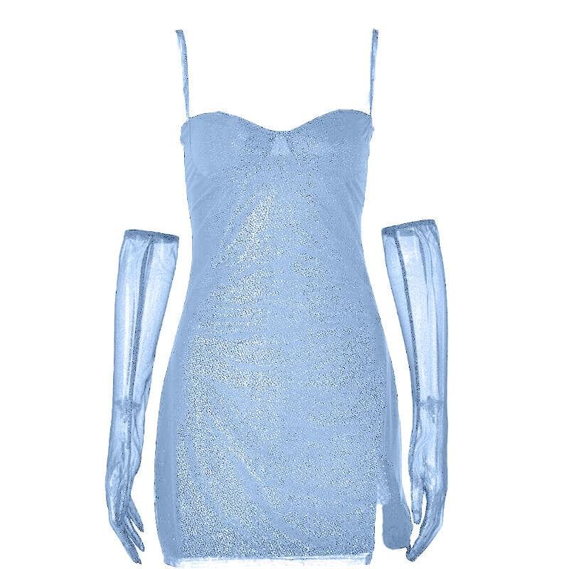 Sweetheart Neck Spaghetti Strap Glitter Side Slit Mesh Glove Mini Dress