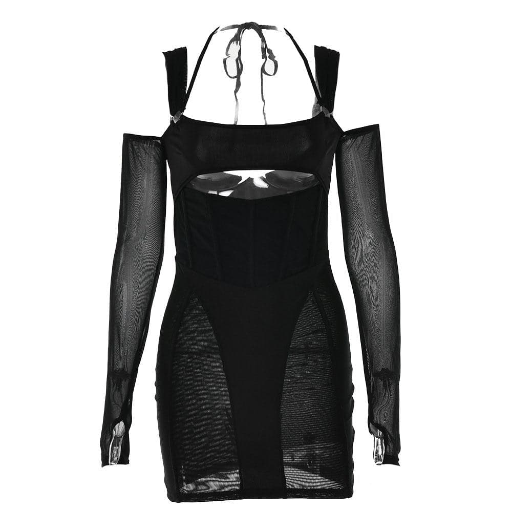 Mesh Corset Off-Shoulder Hollow Cutout Gauntlet Sleeve Halter Mini Dress