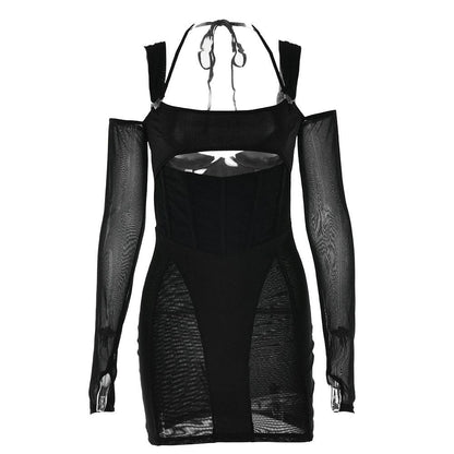 Mesh Corset Off-Shoulder Hollow Cutout Gauntlet Sleeve Halter Mini Dress