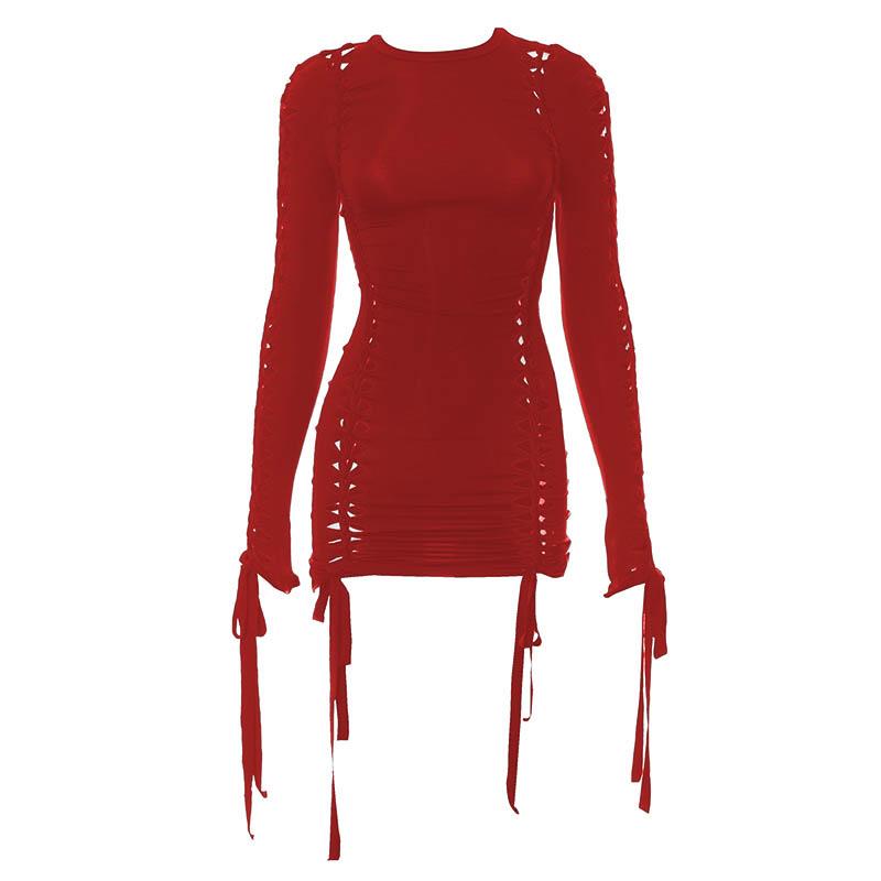 Crew Neck Long Sleeve Ladder Cutout Ruched Tie Hem Mini Dress