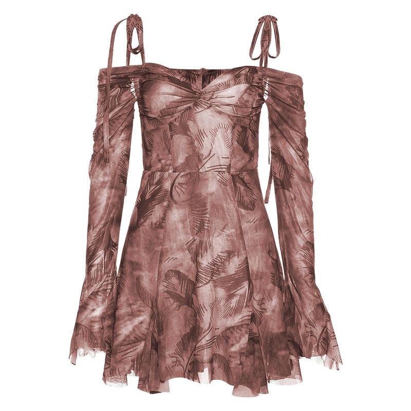 Cold Shoulder Halter Neck Tie Dye Ruched Sweetheart Babydoll Mini Dress