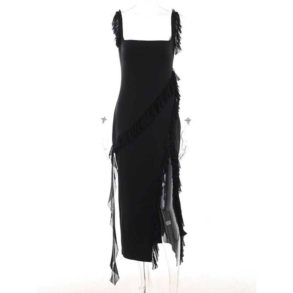 Square Neck Ruffle Strap Ruched High Slit Asymmetrical Ruffle Trim Maxi Dress