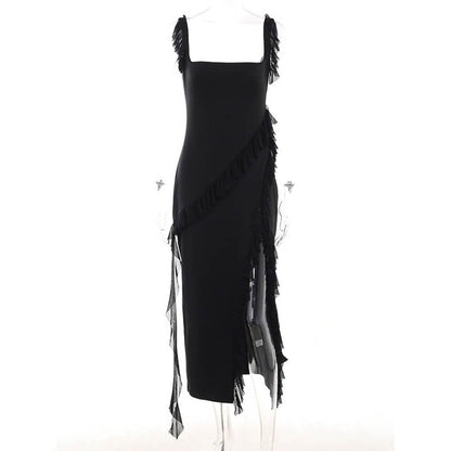 Square Neck Ruffle Strap Ruched High Slit Asymmetrical Ruffle Trim Maxi Dress