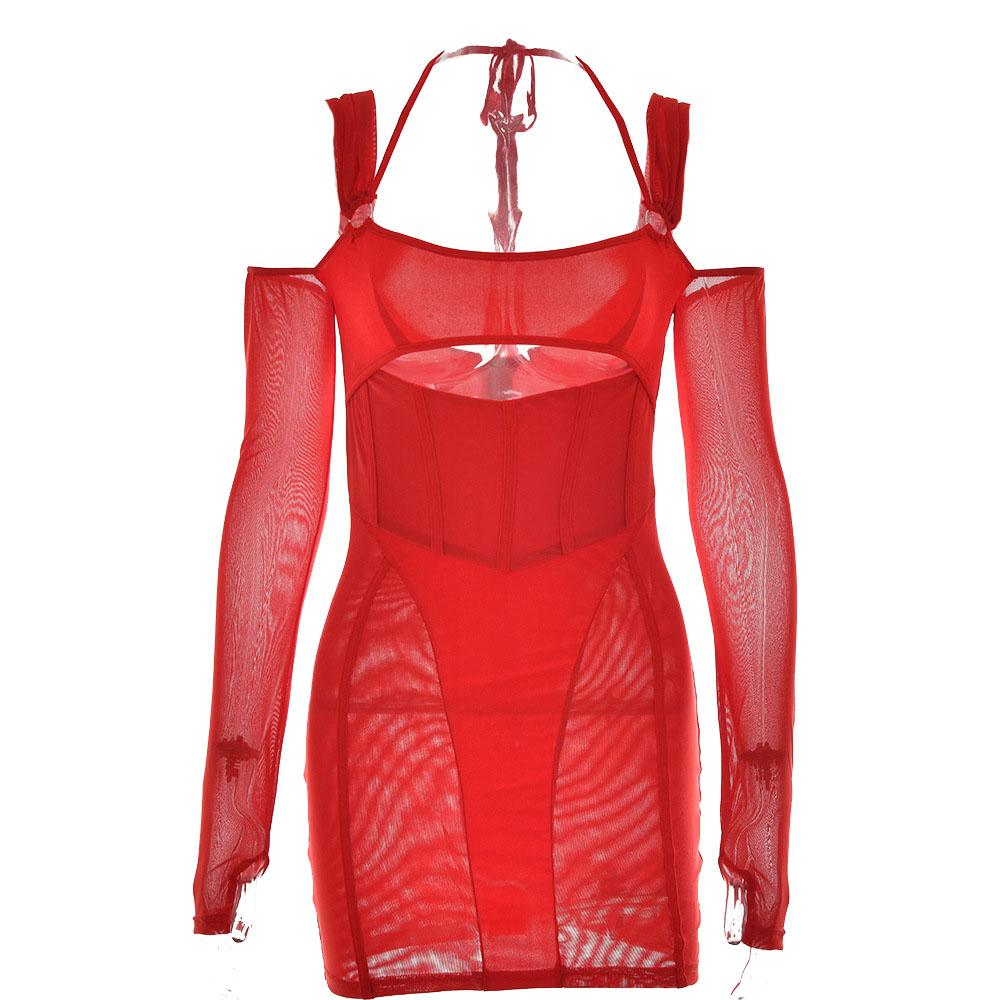 Mesh Corset Off-Shoulder Hollow Cutout Gauntlet Sleeve Halter Mini Dress