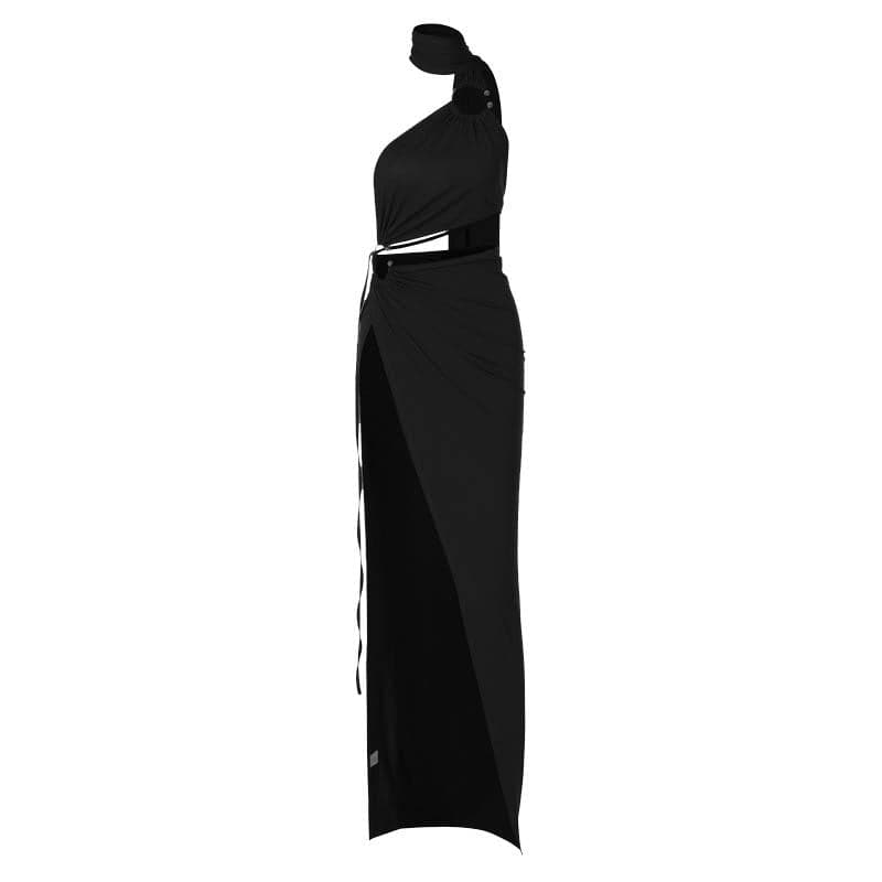 Choker Halter O Ring Cutout High Slit Draped Train Panel Maxi Dress
