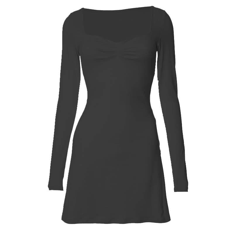 Square Neck Ruched Bust Long Sleeve Bodycon Mini Dress