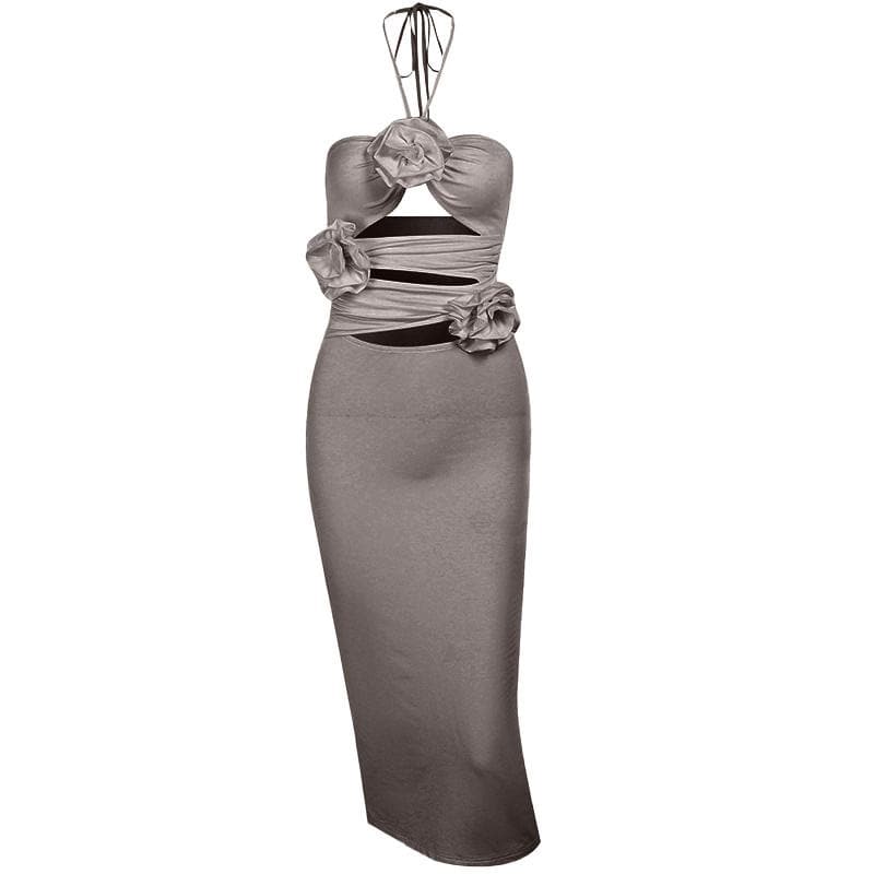 Halter 3D Floral Applique Diamond Cutout Side Ruching Flower Trim Maxi Dress