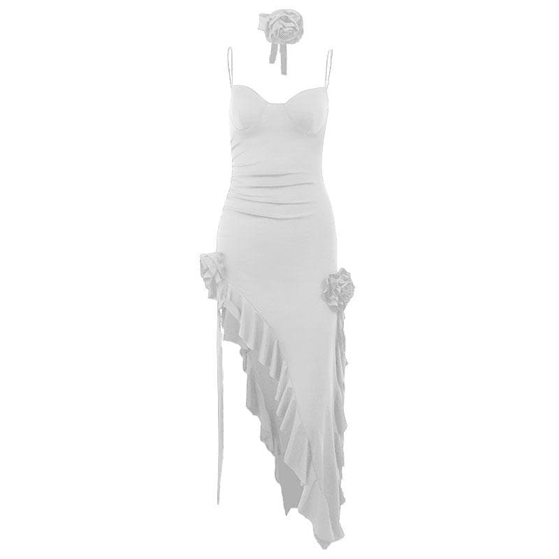 Sweetheart Ruched 3D Applique Asymmetric Ruffle Hem Midi Dress