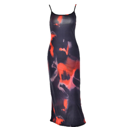 Watercolor Abstract Print Scoop Neck Spaghetti Strap Bodycon Maxi Dress