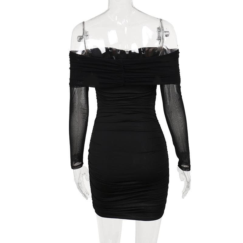 Off-Shoulder Rosette Applique Mesh Sleeve Ruched Mini Dress