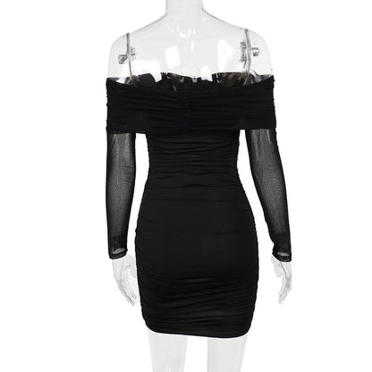 Off-Shoulder Rosette Applique Mesh Sleeve Ruched Mini Dress