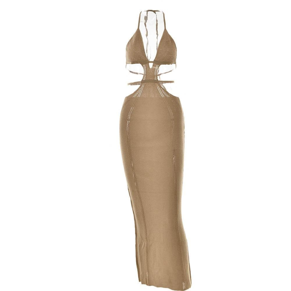 Halter V-Neck Side Cutout Knit Panel Bodycon Maxi Dress