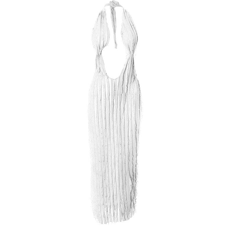 Halter Deep Plunge U Neck Vertical Ruffle Mesh Bodycon Maxi Dress