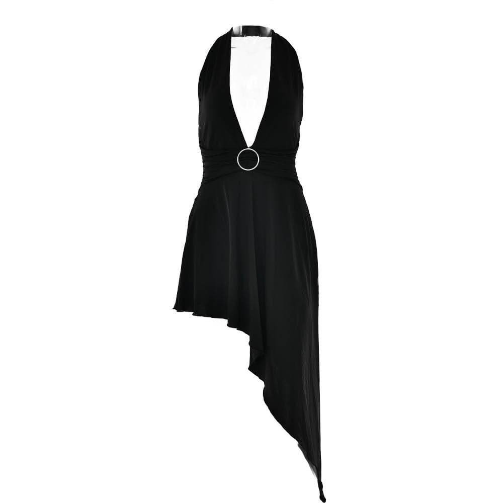 Halter O-Ring Plunge V-Neck Ring Waist Asymmetric Hem Midi Dress
