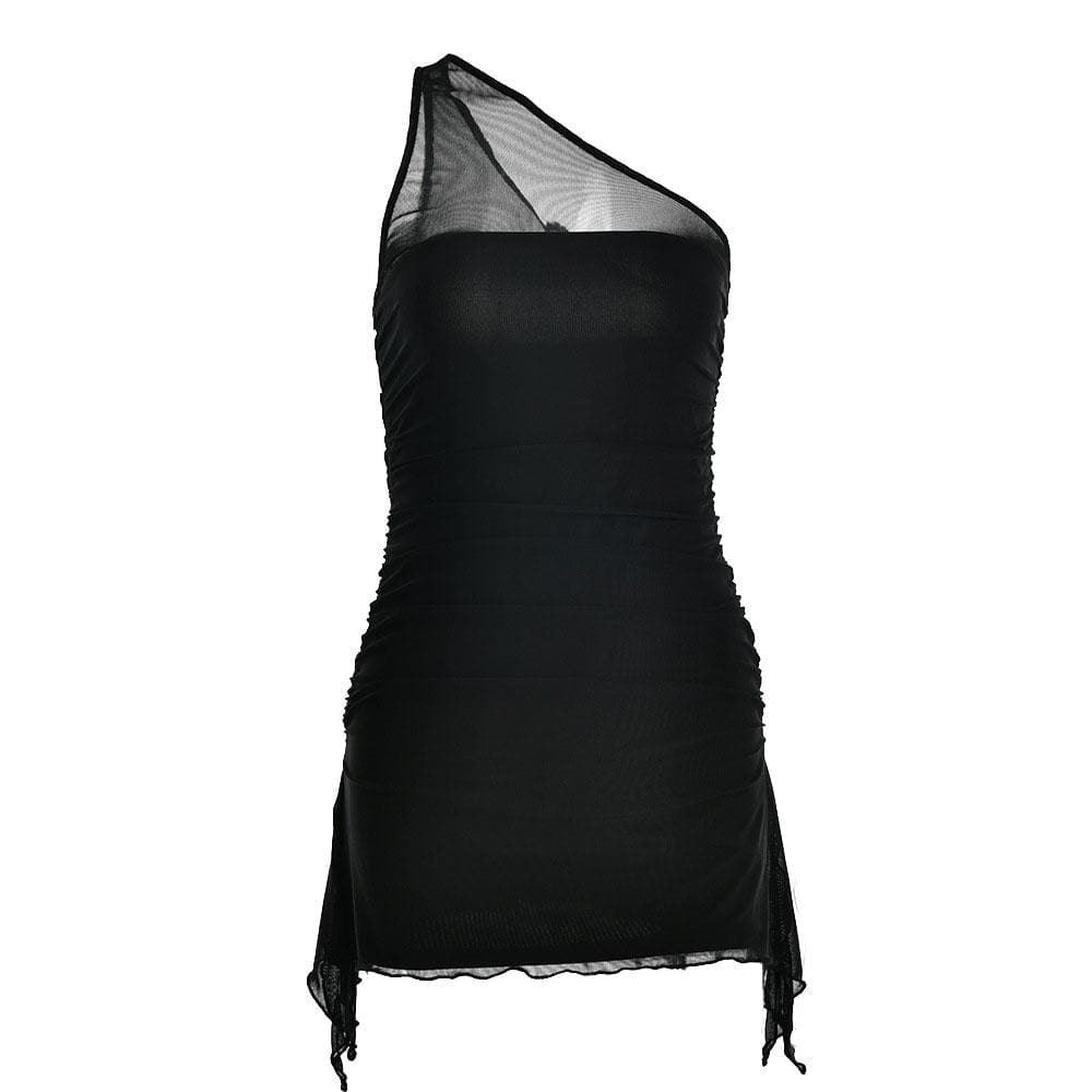 One Shoulder Mesh Panel Ruched Zip Up Mini Dress