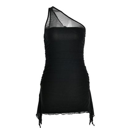 One Shoulder Mesh Panel Ruched Zip Up Mini Dress