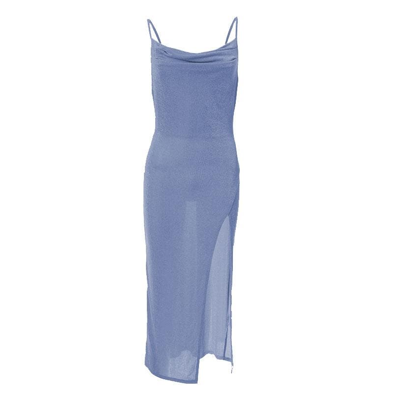 Cowl Neck Spaghetti Strap Ruched Waist High Slit Bodycon Maxi Dress