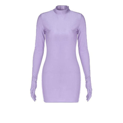 Mock Neck Integrated Glove Sleeve Bodycon Mini Dress