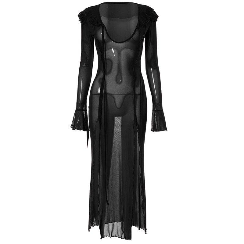 Sheer Mesh Ruffle Cuff Deep V Neck High Slit Flared Sleeve Maxi Dress