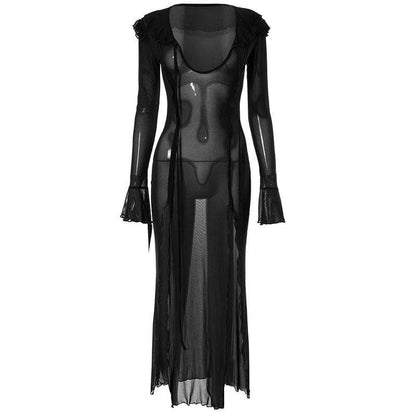 Sheer Mesh Ruffle Cuff Deep V Neck High Slit Flared Sleeve Maxi Dress