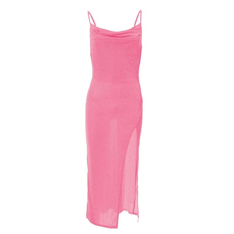 Cowl Neck Spaghetti Strap Ruched Waist High Slit Bodycon Maxi Dress