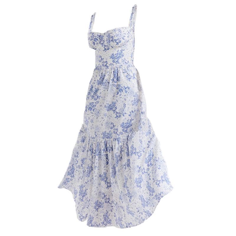 Floral Print Square Neck Wide Strap Corset Bodice Tiered Ruffle Hem Midi Dress