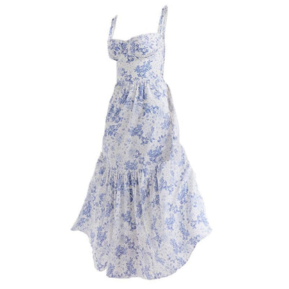 Floral Print Square Neck Wide Strap Corset Bodice Tiered Ruffle Hem Midi Dress