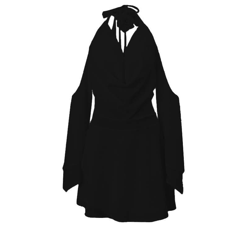Cowl Neck Halter Cutout Bell Sleeve Zip Front Mini Dress