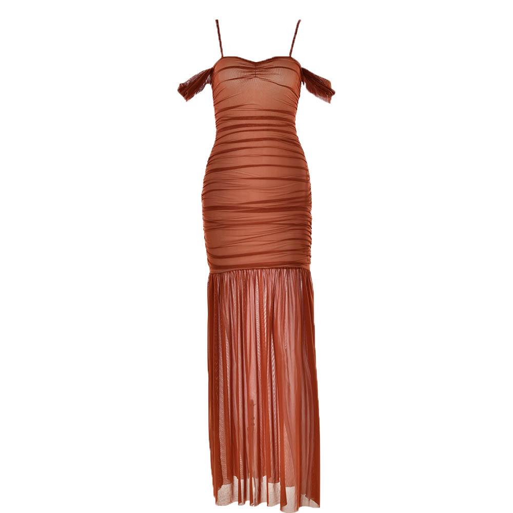 Off-Shoulder Ruched Mesh Contrast Panel Mermaid Hem Maxi Dress