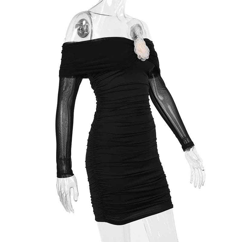 Off-Shoulder Rosette Applique Mesh Sleeve Ruched Mini Dress