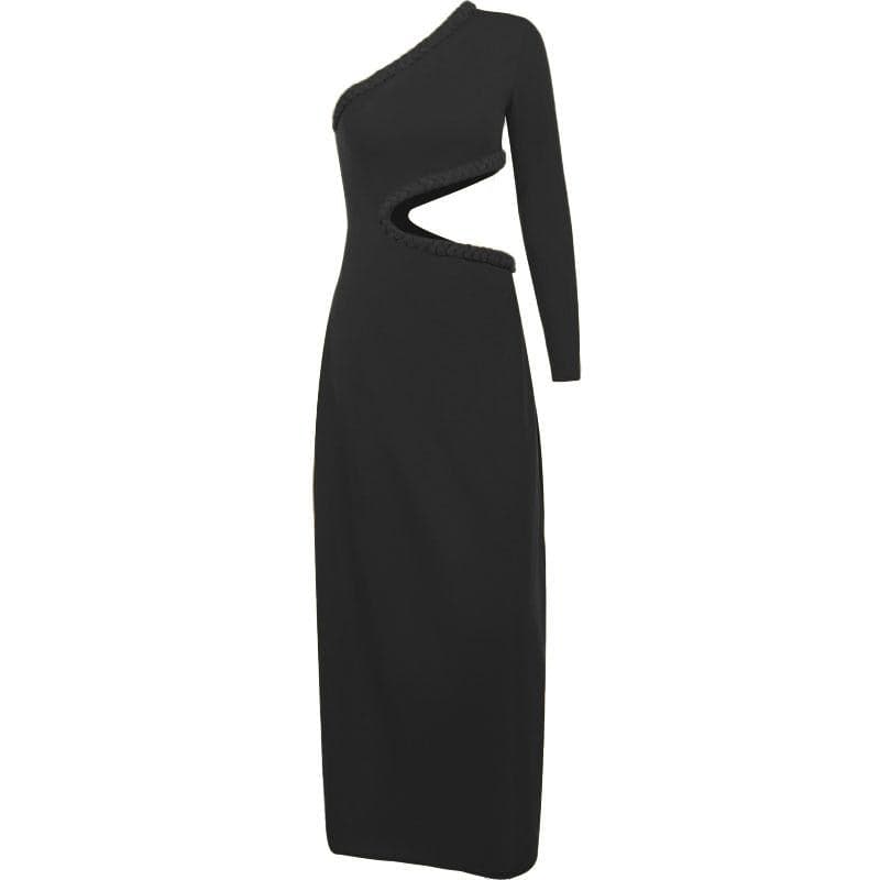 One Shoulder Long Sleeve Braided Trim Waist Cutout Midi Dress