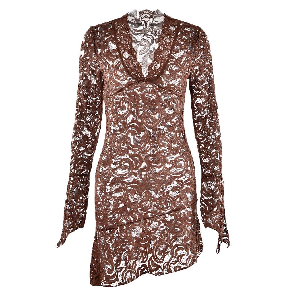 Floral Lace Bell Sleeve Handkerchief Hem V-Neck Mini Dress