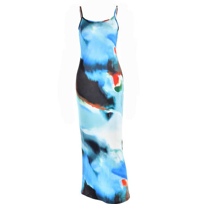 Watercolor Abstract Print Scoop Neck Spaghetti Strap Bodycon Maxi Dress
