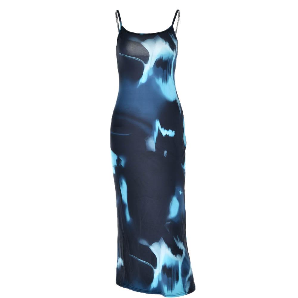 Watercolor Abstract Print Scoop Neck Spaghetti Strap Bodycon Maxi Dress